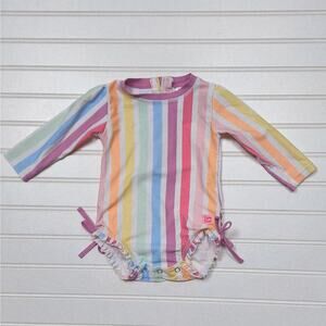 RuffleButts Rainbow Dream Stripe Long Sleeve Rashguard Swimsuit Size 6-12 Months